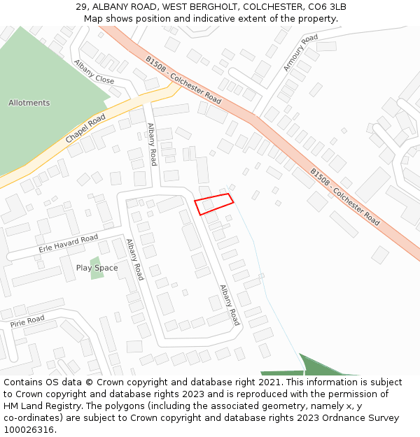 29, ALBANY ROAD, WEST BERGHOLT, COLCHESTER, CO6 3LB: Location map and indicative extent of plot