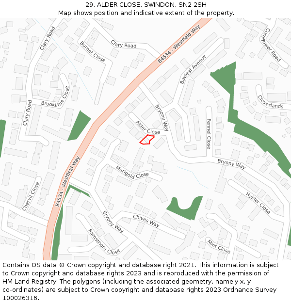 29, ALDER CLOSE, SWINDON, SN2 2SH: Location map and indicative extent of plot