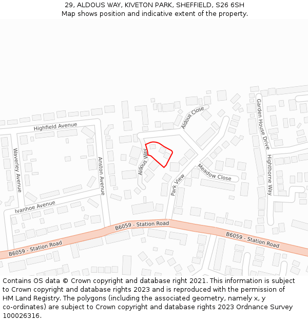 29, ALDOUS WAY, KIVETON PARK, SHEFFIELD, S26 6SH: Location map and indicative extent of plot