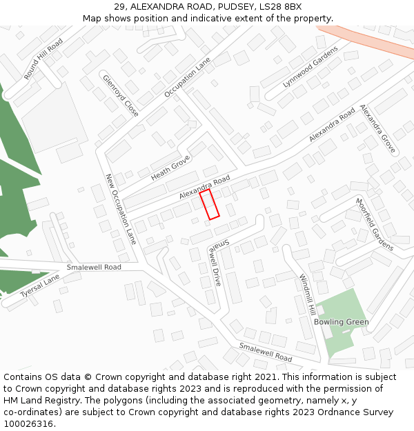 29, ALEXANDRA ROAD, PUDSEY, LS28 8BX: Location map and indicative extent of plot