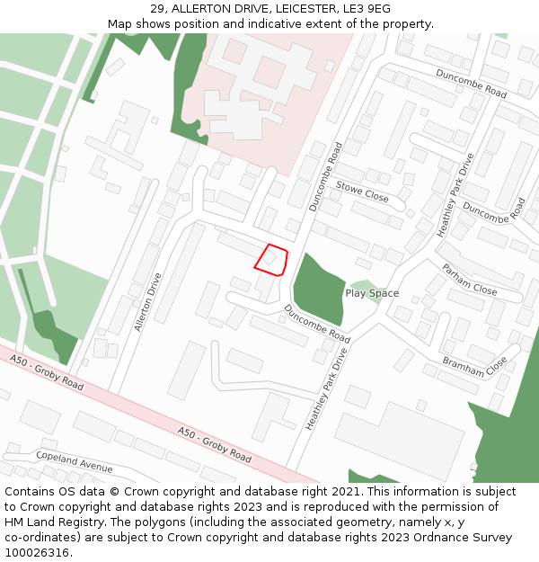 29, ALLERTON DRIVE, LEICESTER, LE3 9EG: Location map and indicative extent of plot