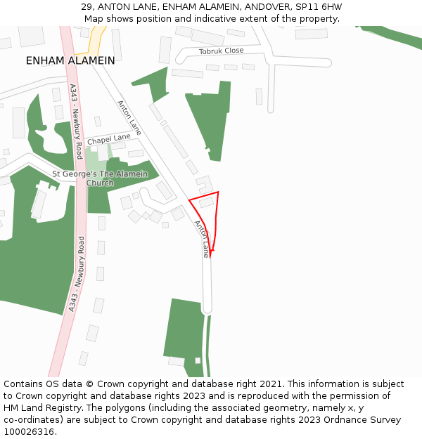 29, ANTON LANE, ENHAM ALAMEIN, ANDOVER, SP11 6HW: Location map and indicative extent of plot