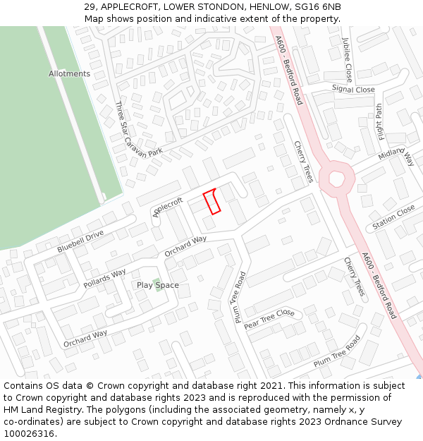 29, APPLECROFT, LOWER STONDON, HENLOW, SG16 6NB: Location map and indicative extent of plot