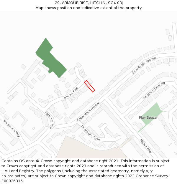 29, ARMOUR RISE, HITCHIN, SG4 0RJ: Location map and indicative extent of plot