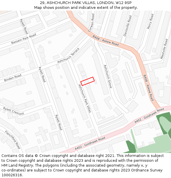 29, ASHCHURCH PARK VILLAS, LONDON, W12 9SP: Location map and indicative extent of plot