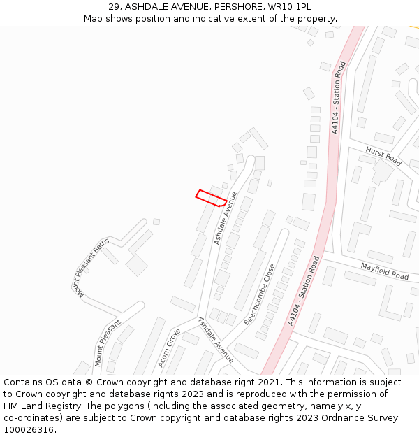 29, ASHDALE AVENUE, PERSHORE, WR10 1PL: Location map and indicative extent of plot