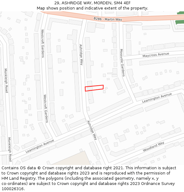 29, ASHRIDGE WAY, MORDEN, SM4 4EF: Location map and indicative extent of plot