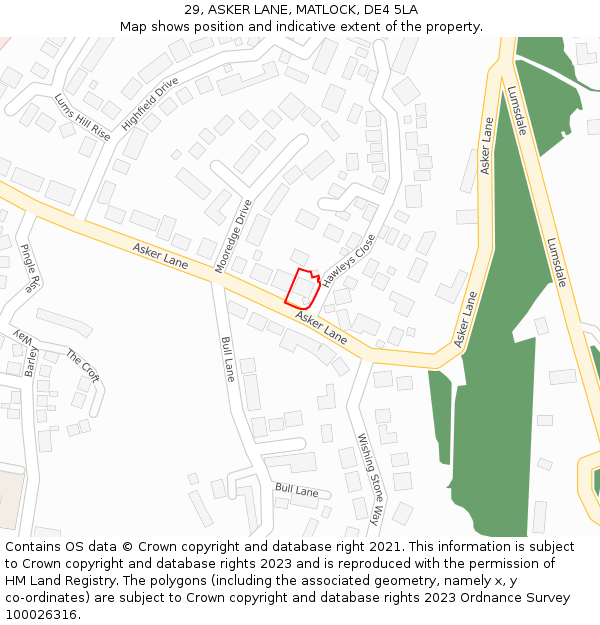 29, ASKER LANE, MATLOCK, DE4 5LA: Location map and indicative extent of plot