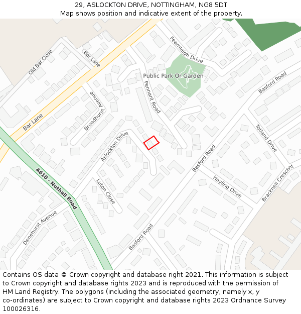 29, ASLOCKTON DRIVE, NOTTINGHAM, NG8 5DT: Location map and indicative extent of plot