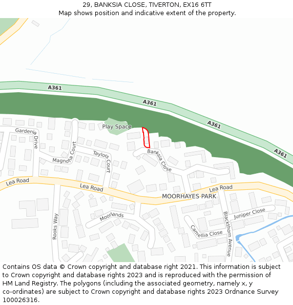 29, BANKSIA CLOSE, TIVERTON, EX16 6TT: Location map and indicative extent of plot