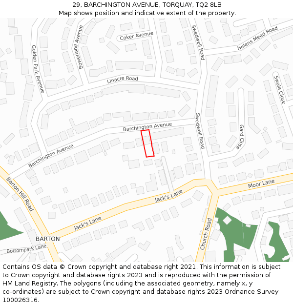 29, BARCHINGTON AVENUE, TORQUAY, TQ2 8LB: Location map and indicative extent of plot