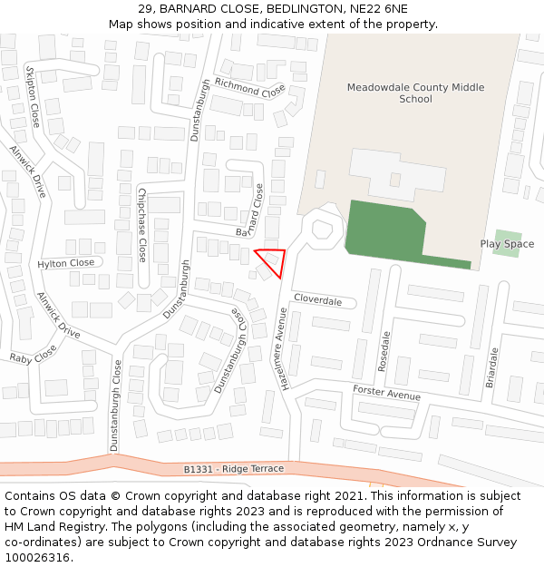 29, BARNARD CLOSE, BEDLINGTON, NE22 6NE: Location map and indicative extent of plot