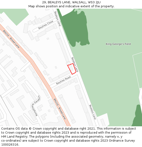29, BEALEYS LANE, WALSALL, WS3 2JU: Location map and indicative extent of plot