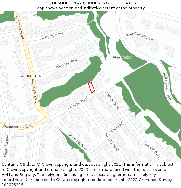29, BEAULIEU ROAD, BOURNEMOUTH, BH4 8HY: Location map and indicative extent of plot