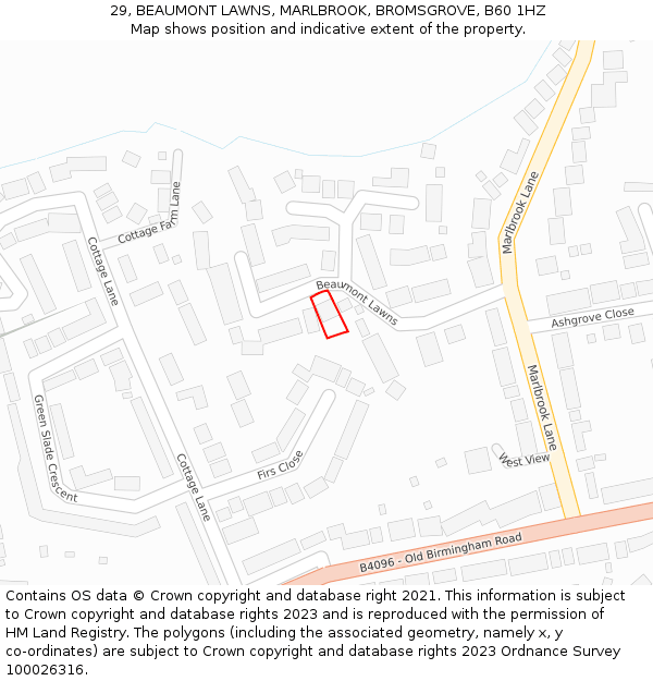 29, BEAUMONT LAWNS, MARLBROOK, BROMSGROVE, B60 1HZ: Location map and indicative extent of plot