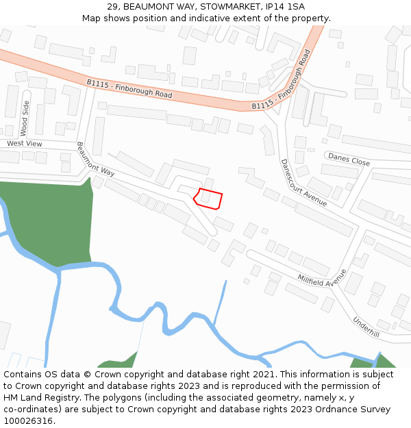 29, BEAUMONT WAY, STOWMARKET, IP14 1SA: Location map and indicative extent of plot