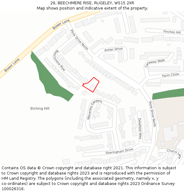 29, BEECHMERE RISE, RUGELEY, WS15 2XR: Location map and indicative extent of plot