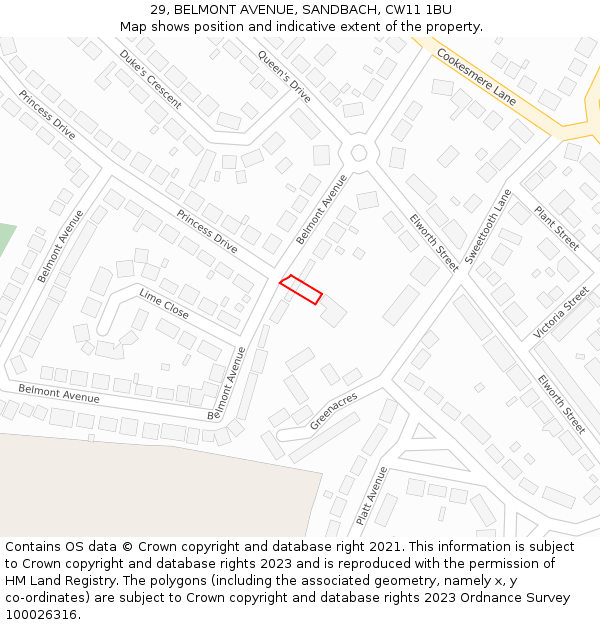 29, BELMONT AVENUE, SANDBACH, CW11 1BU: Location map and indicative extent of plot