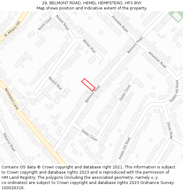 29, BELMONT ROAD, HEMEL HEMPSTEAD, HP3 9NY: Location map and indicative extent of plot