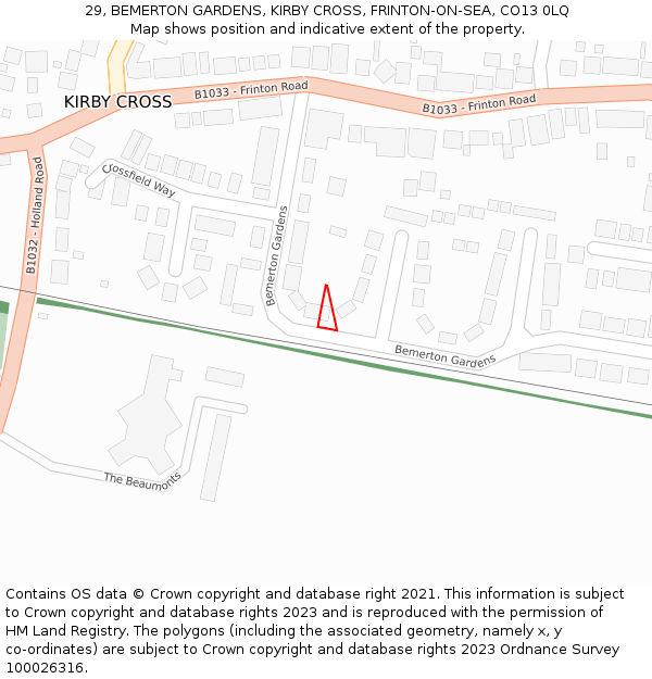 29, BEMERTON GARDENS, KIRBY CROSS, FRINTON-ON-SEA, CO13 0LQ: Location map and indicative extent of plot