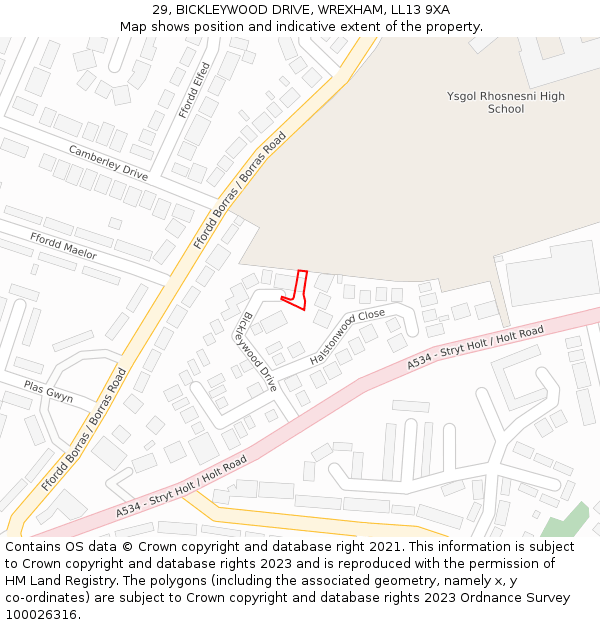 29, BICKLEYWOOD DRIVE, WREXHAM, LL13 9XA: Location map and indicative extent of plot