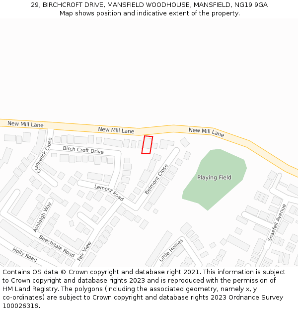 29, BIRCHCROFT DRIVE, MANSFIELD WOODHOUSE, MANSFIELD, NG19 9GA: Location map and indicative extent of plot