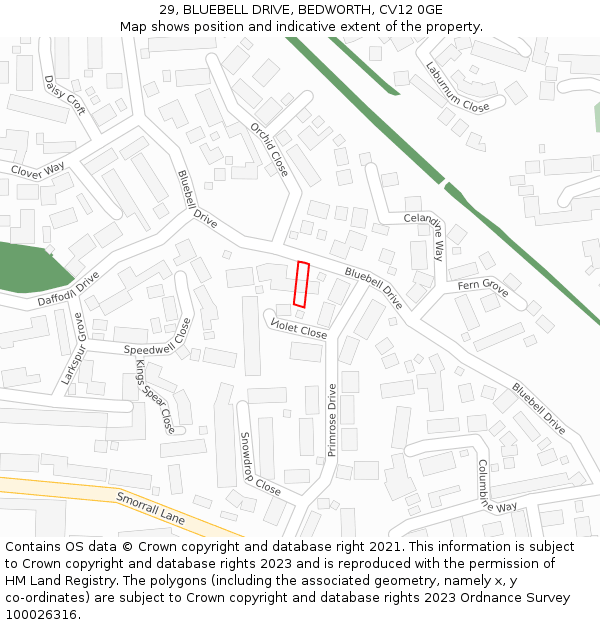 29, BLUEBELL DRIVE, BEDWORTH, CV12 0GE: Location map and indicative extent of plot