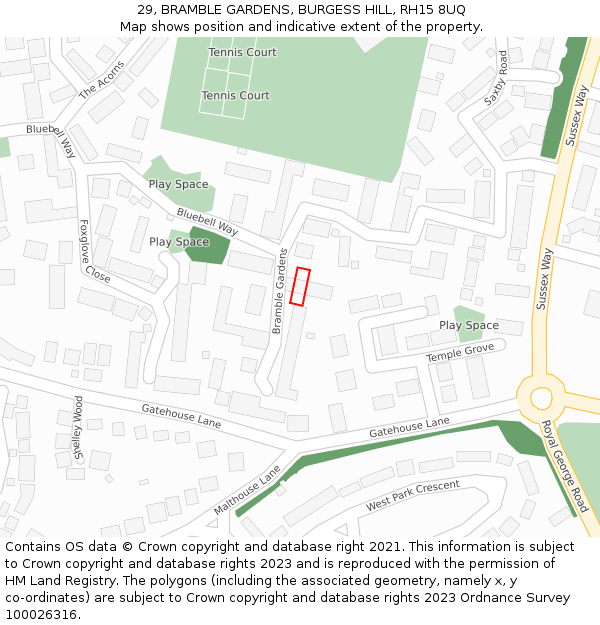 29, BRAMBLE GARDENS, BURGESS HILL, RH15 8UQ: Location map and indicative extent of plot