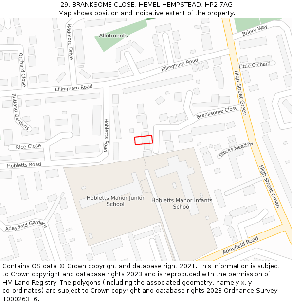 29, BRANKSOME CLOSE, HEMEL HEMPSTEAD, HP2 7AG: Location map and indicative extent of plot