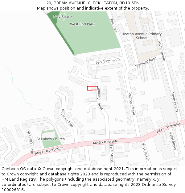 29, BREAM AVENUE, CLECKHEATON, BD19 5EN: Location map and indicative extent of plot