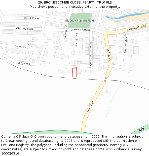 29, BRONESCOMBE CLOSE, PENRYN, TR10 8LE: Location map and indicative extent of plot