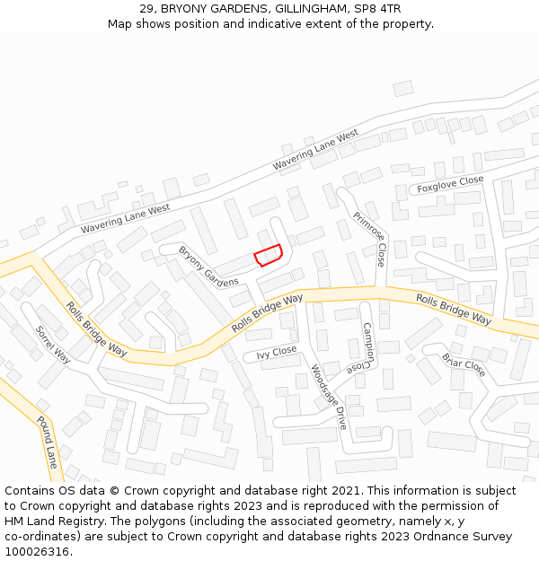 29, BRYONY GARDENS, GILLINGHAM, SP8 4TR: Location map and indicative extent of plot