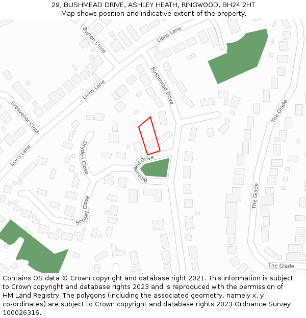 29, BUSHMEAD DRIVE, ASHLEY HEATH, RINGWOOD, BH24 2HT: Location map and indicative extent of plot