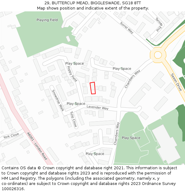 29, BUTTERCUP MEAD, BIGGLESWADE, SG18 8TT: Location map and indicative extent of plot