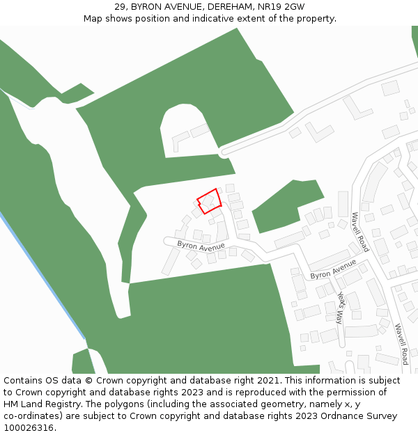 29, BYRON AVENUE, DEREHAM, NR19 2GW: Location map and indicative extent of plot