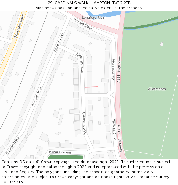 29, CARDINALS WALK, HAMPTON, TW12 2TR: Location map and indicative extent of plot