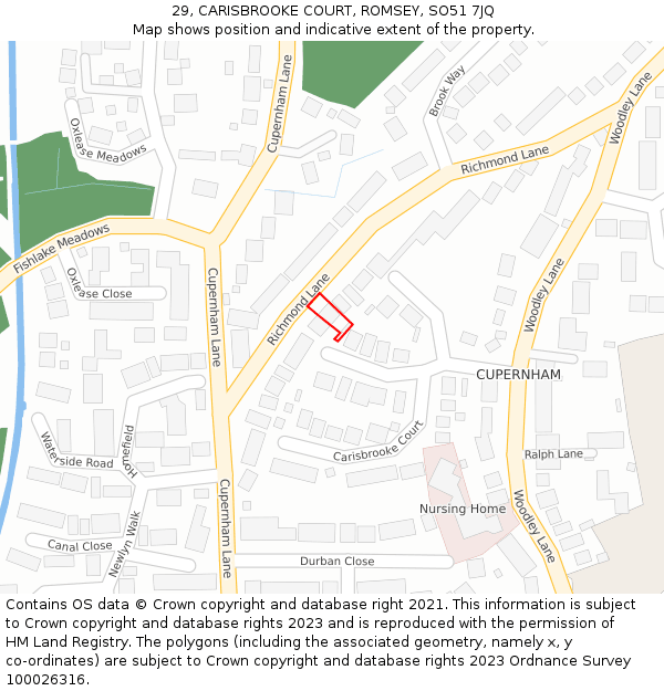 29, CARISBROOKE COURT, ROMSEY, SO51 7JQ: Location map and indicative extent of plot