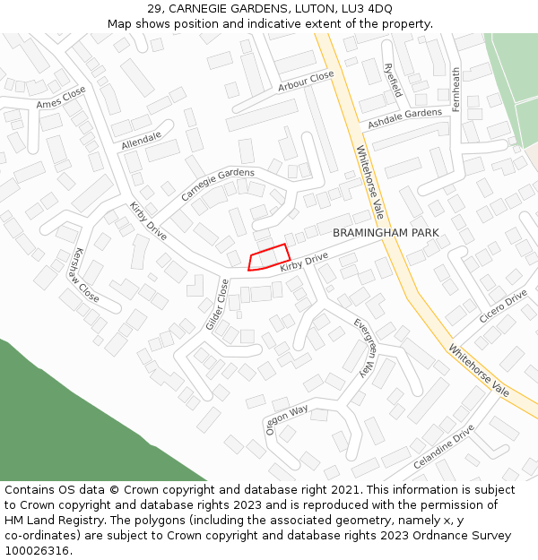 29, CARNEGIE GARDENS, LUTON, LU3 4DQ: Location map and indicative extent of plot