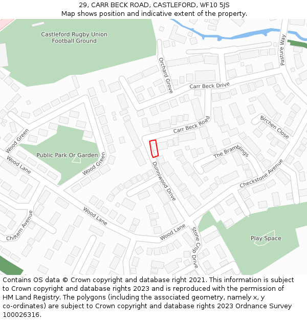 29, CARR BECK ROAD, CASTLEFORD, WF10 5JS: Location map and indicative extent of plot