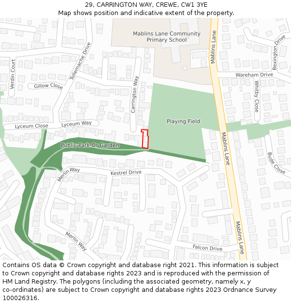 29, CARRINGTON WAY, CREWE, CW1 3YE: Location map and indicative extent of plot