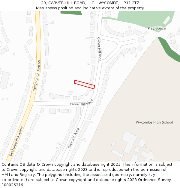 29, CARVER HILL ROAD, HIGH WYCOMBE, HP11 2TZ: Location map and indicative extent of plot