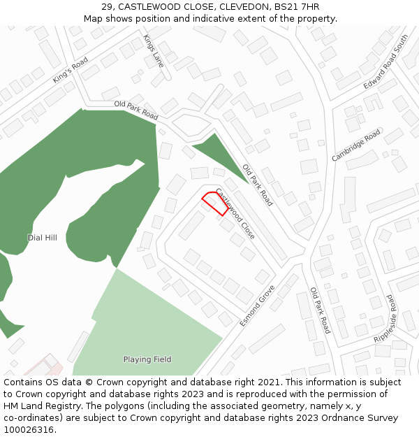 29, CASTLEWOOD CLOSE, CLEVEDON, BS21 7HR: Location map and indicative extent of plot