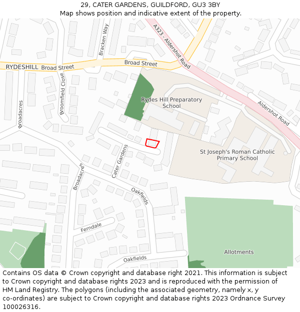 29, CATER GARDENS, GUILDFORD, GU3 3BY: Location map and indicative extent of plot