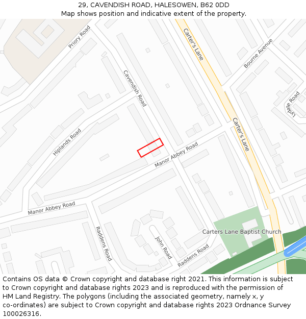 29, CAVENDISH ROAD, HALESOWEN, B62 0DD: Location map and indicative extent of plot