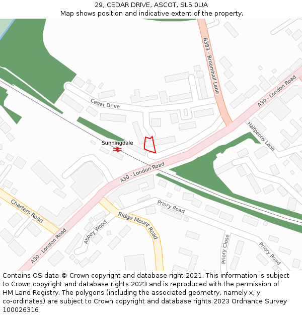 29, CEDAR DRIVE, ASCOT, SL5 0UA: Location map and indicative extent of plot