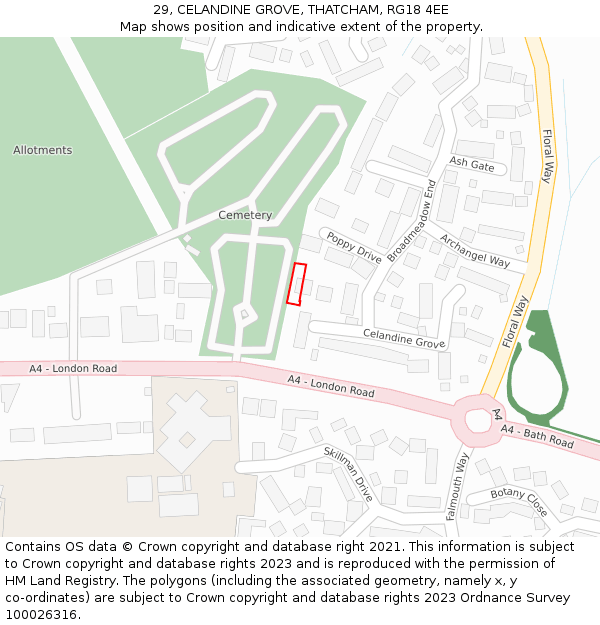 29, CELANDINE GROVE, THATCHAM, RG18 4EE: Location map and indicative extent of plot