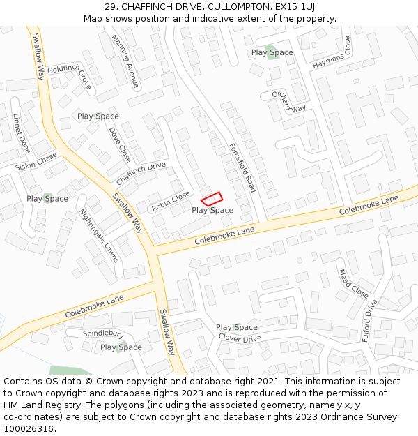 29, CHAFFINCH DRIVE, CULLOMPTON, EX15 1UJ: Location map and indicative extent of plot