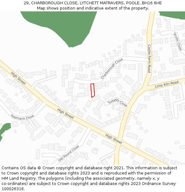 29, CHARBOROUGH CLOSE, LYTCHETT MATRAVERS, POOLE, BH16 6HE: Location map and indicative extent of plot