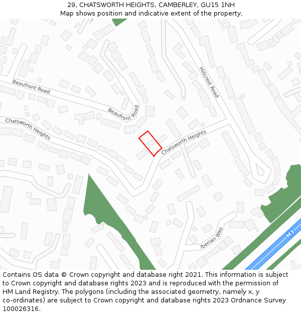 29, CHATSWORTH HEIGHTS, CAMBERLEY, GU15 1NH: Location map and indicative extent of plot