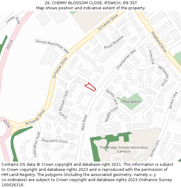 29, CHERRY BLOSSOM CLOSE, IPSWICH, IP8 3ST: Location map and indicative extent of plot